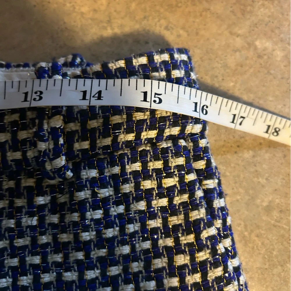 J. Crew pants - “Cafe Capri” silk/cotton blend black/white/royal blue tweed